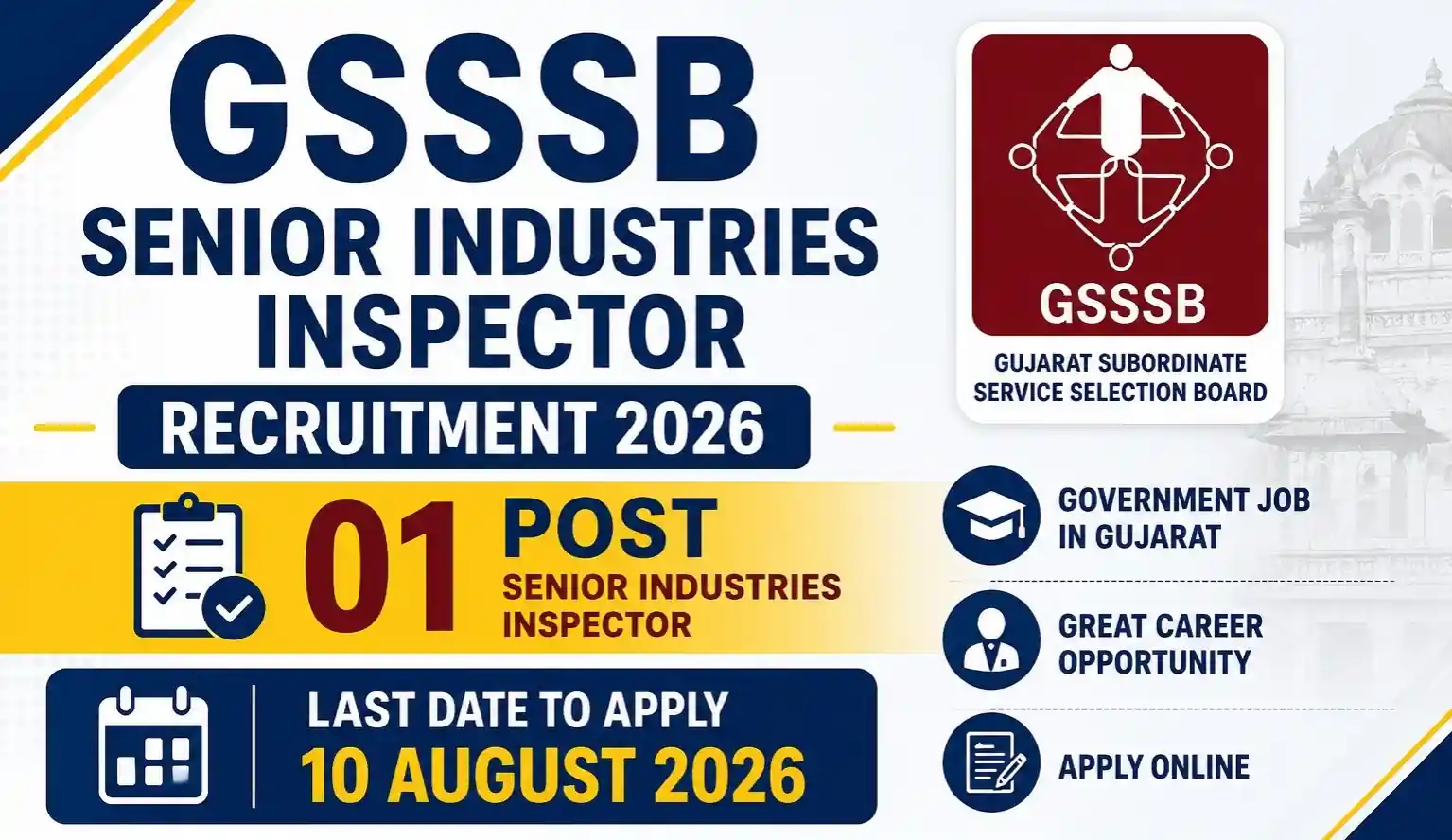 Gujarat GSSSB Senior Industries Inspector Recruitment 2026 Notification Released for 01 Posts, Apply Online 