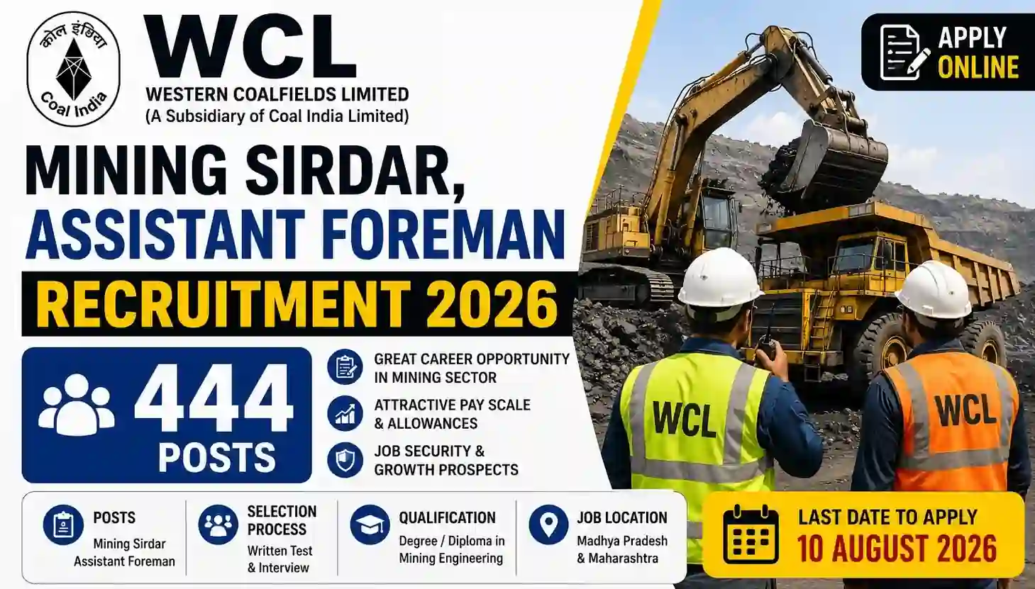 WCL Mining Sirdar, Assistant Foreman Recruitment 2026 Notification Out for 444 Various Posts, Apply Online