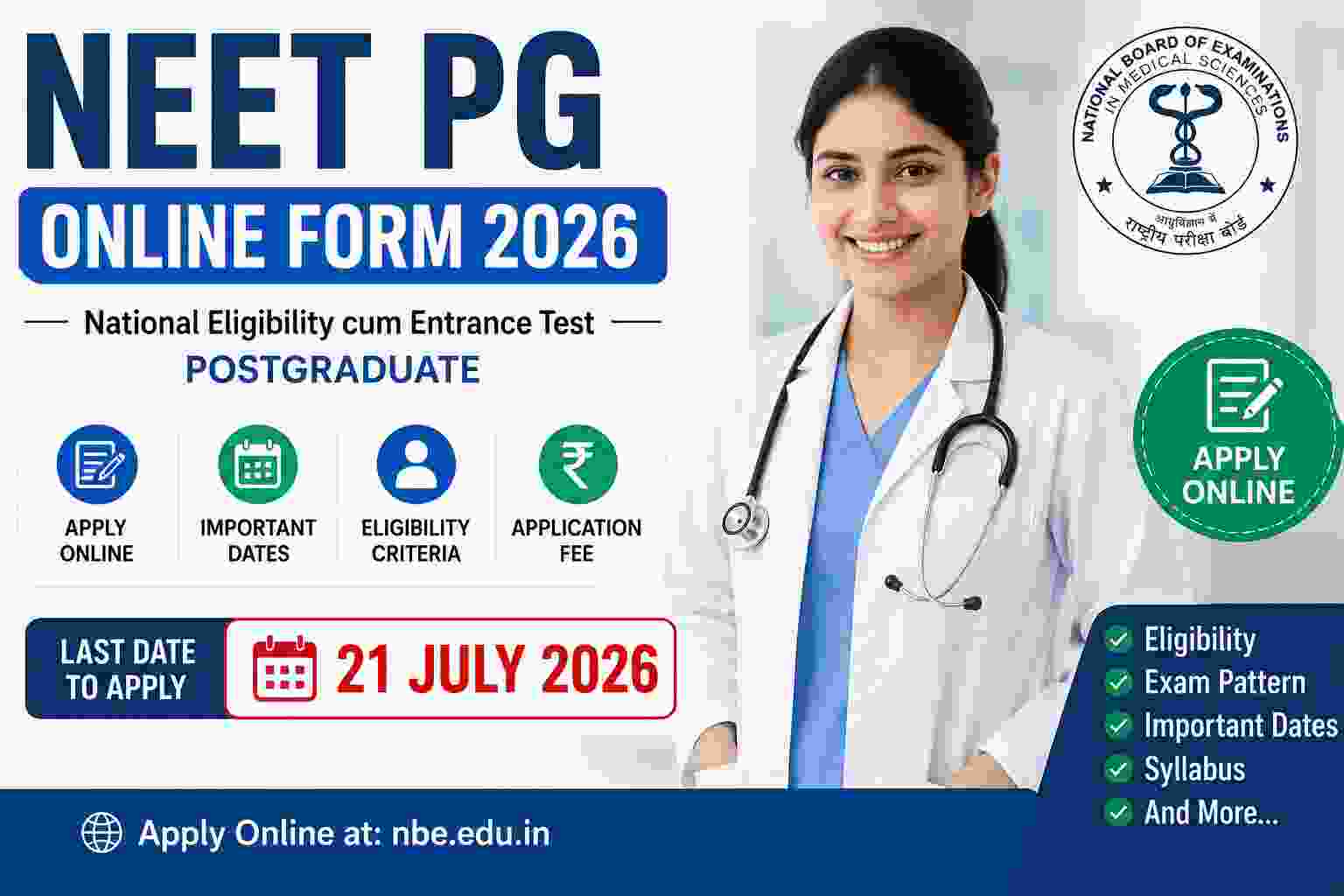 NBE NEET PG Examination 2026, Notification Out, Apply Online