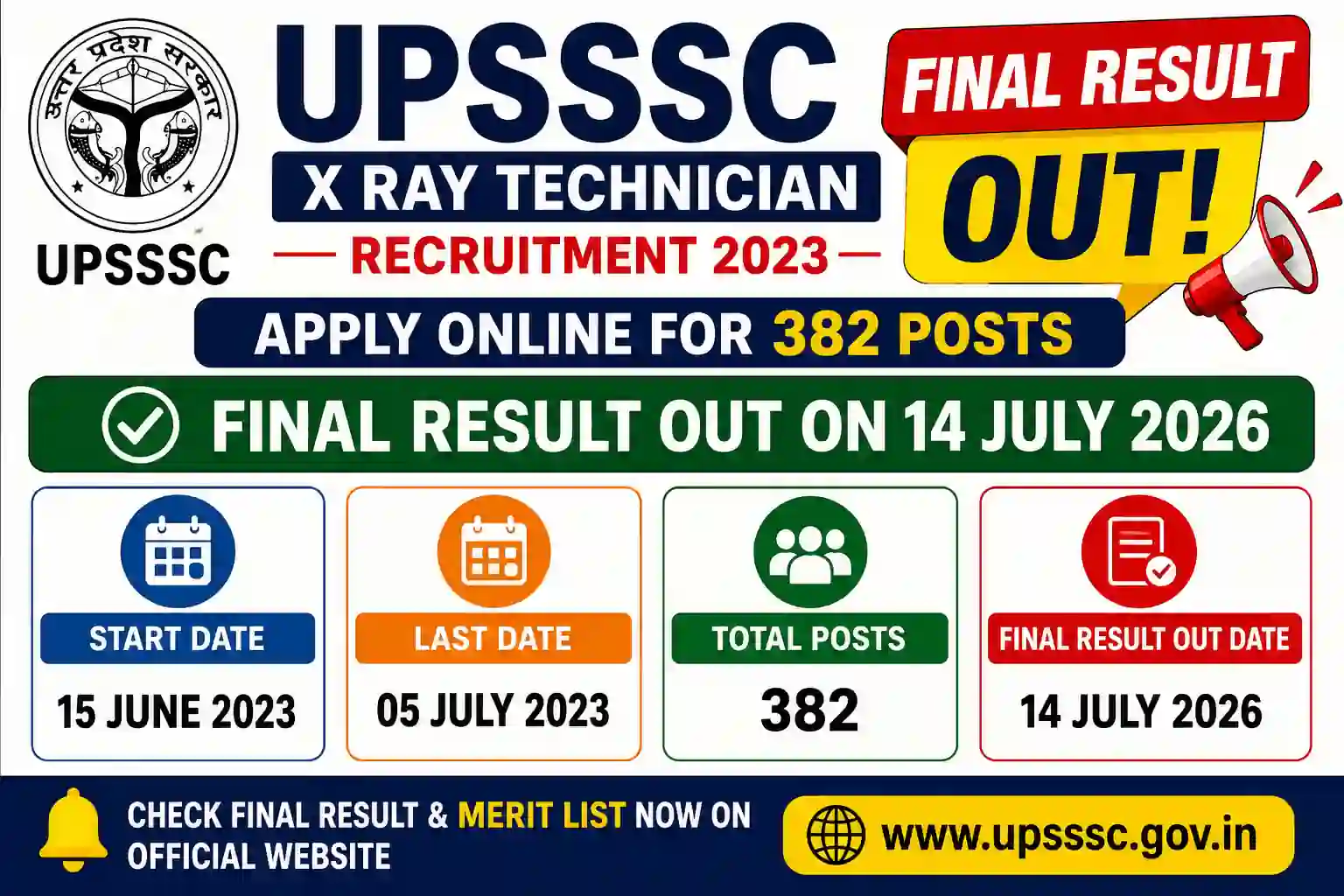 UPSSSC X Ray Technician Recruitment 2023 Apply Online 382 Posts- Final Result Declared