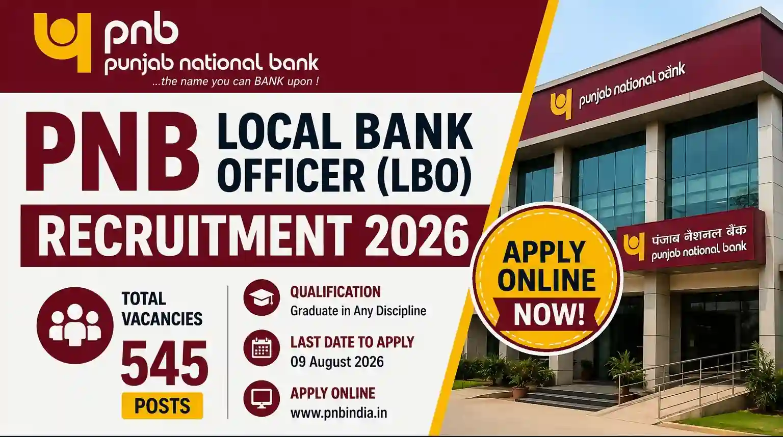 PNB Local Bank Officer (LBO) Recruitment 2026 Notification Out for 545 Vacancies, Apply Online