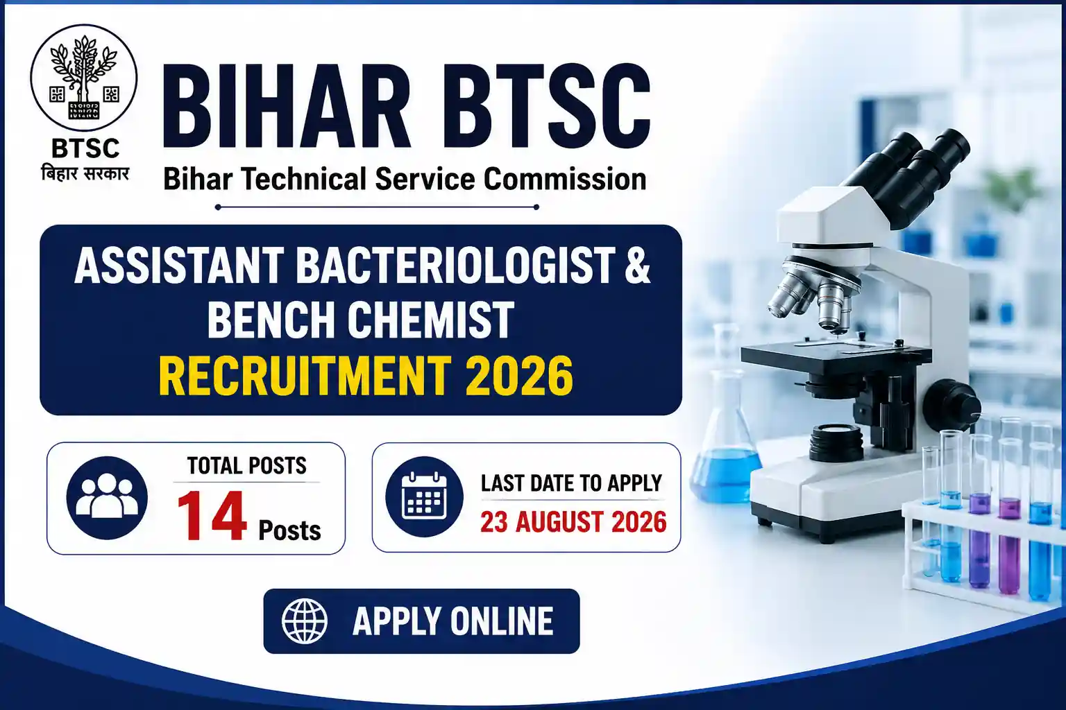 Bihar BTSC Assistant Bacteriologist & Bench Chemist Recruitment 2026 Notification Out for 14 Vacancies, Apply Online