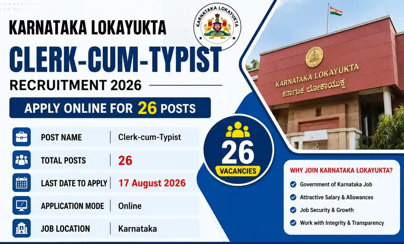 Karnataka Lokayukta Clerk-cum-Typist Recruitment 2026 Notification Out for 26 Vacancies, Apply Online