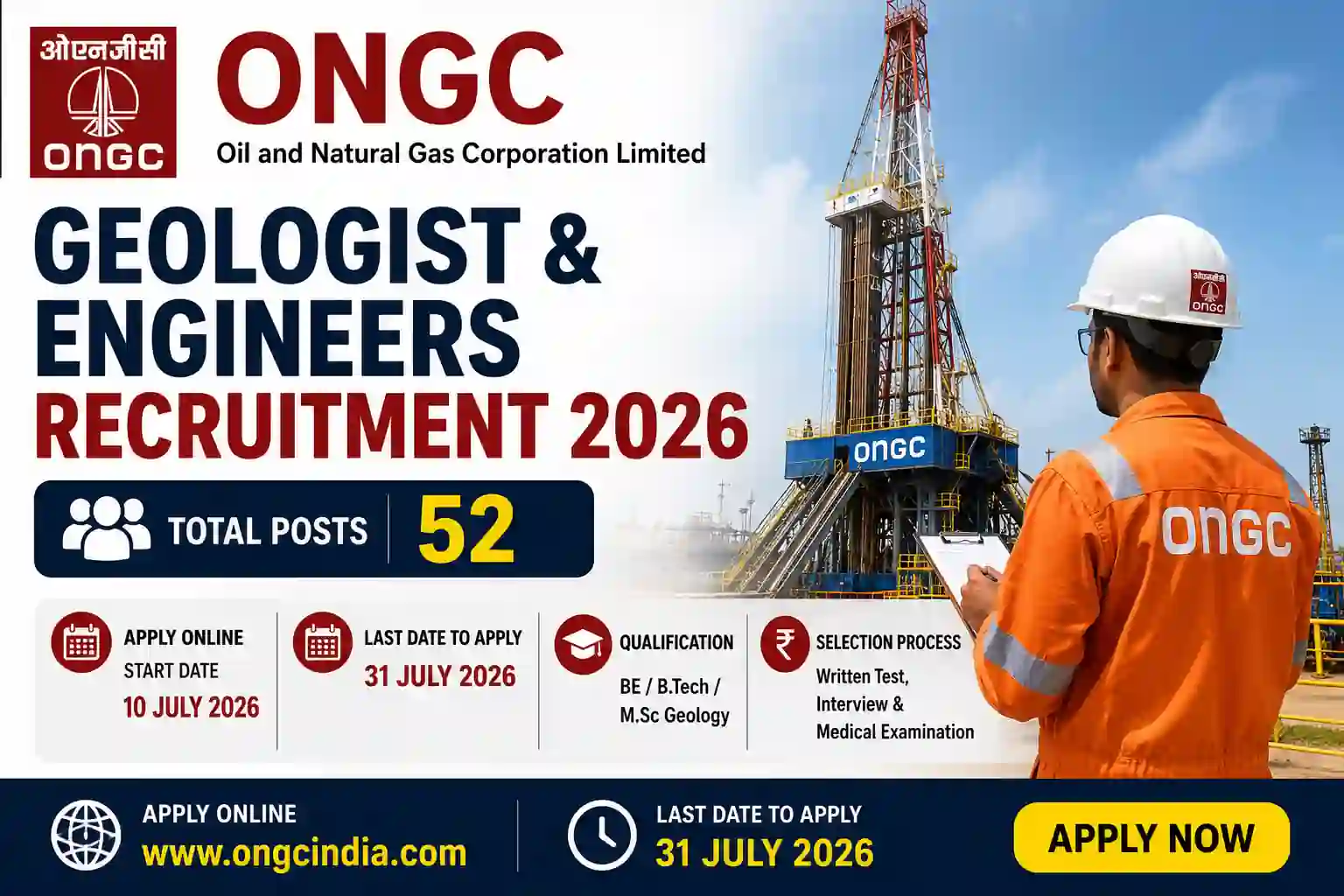 ONGC Geologist and Engineers Recruitment 2026 Notification Released for 52 Posts, Apply Online