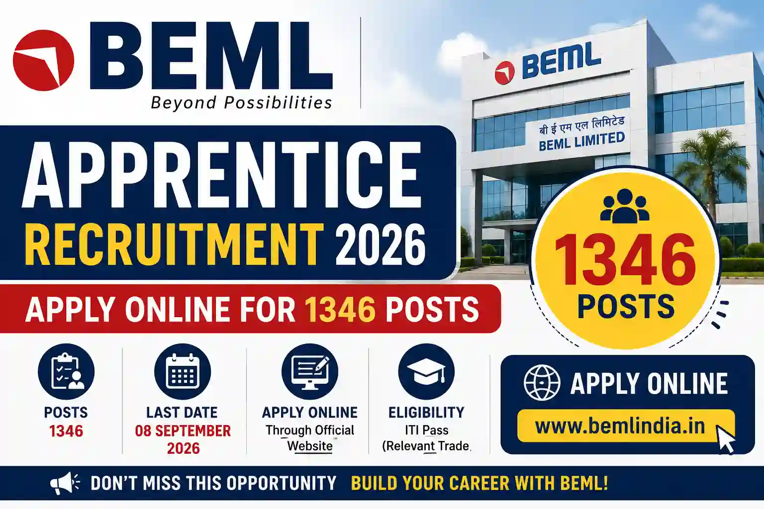 BEML Apprentices Recruitment 2026 Notification Out – Apply Online for 1346 ITI, Graduate and Diploma Apprentices Posts BEML Apprentice Recruitment 2026