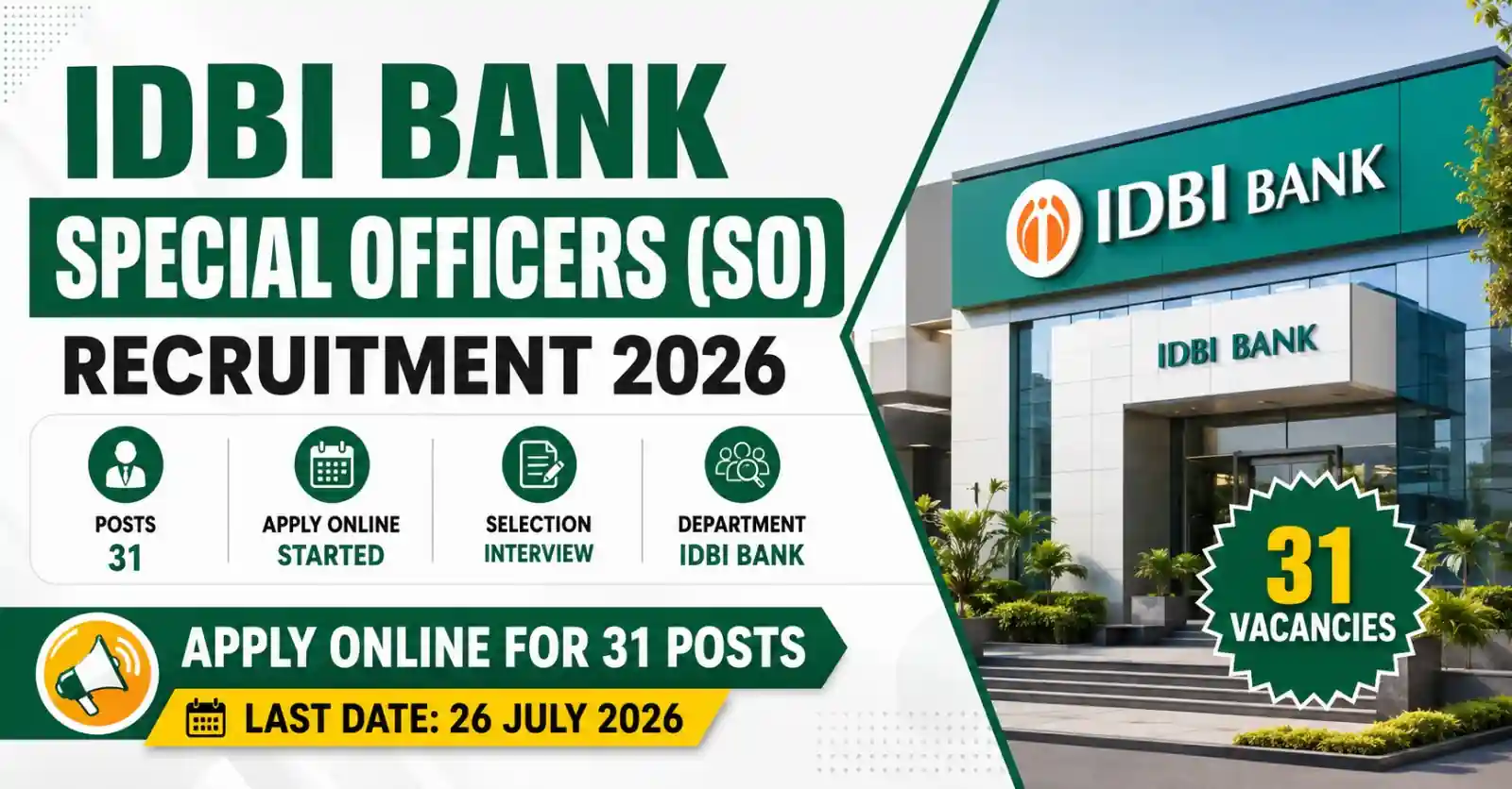 IDBI Bank Special Officers SO Recruitment 2026 Notification Out for 31 Vacancies, Apply Online