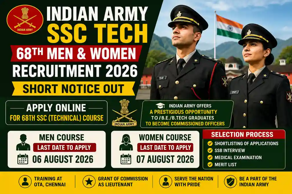 Indian Army SSC Tech 68th Men & Women Recruitment 2026: Short Notice Out, Apply Online