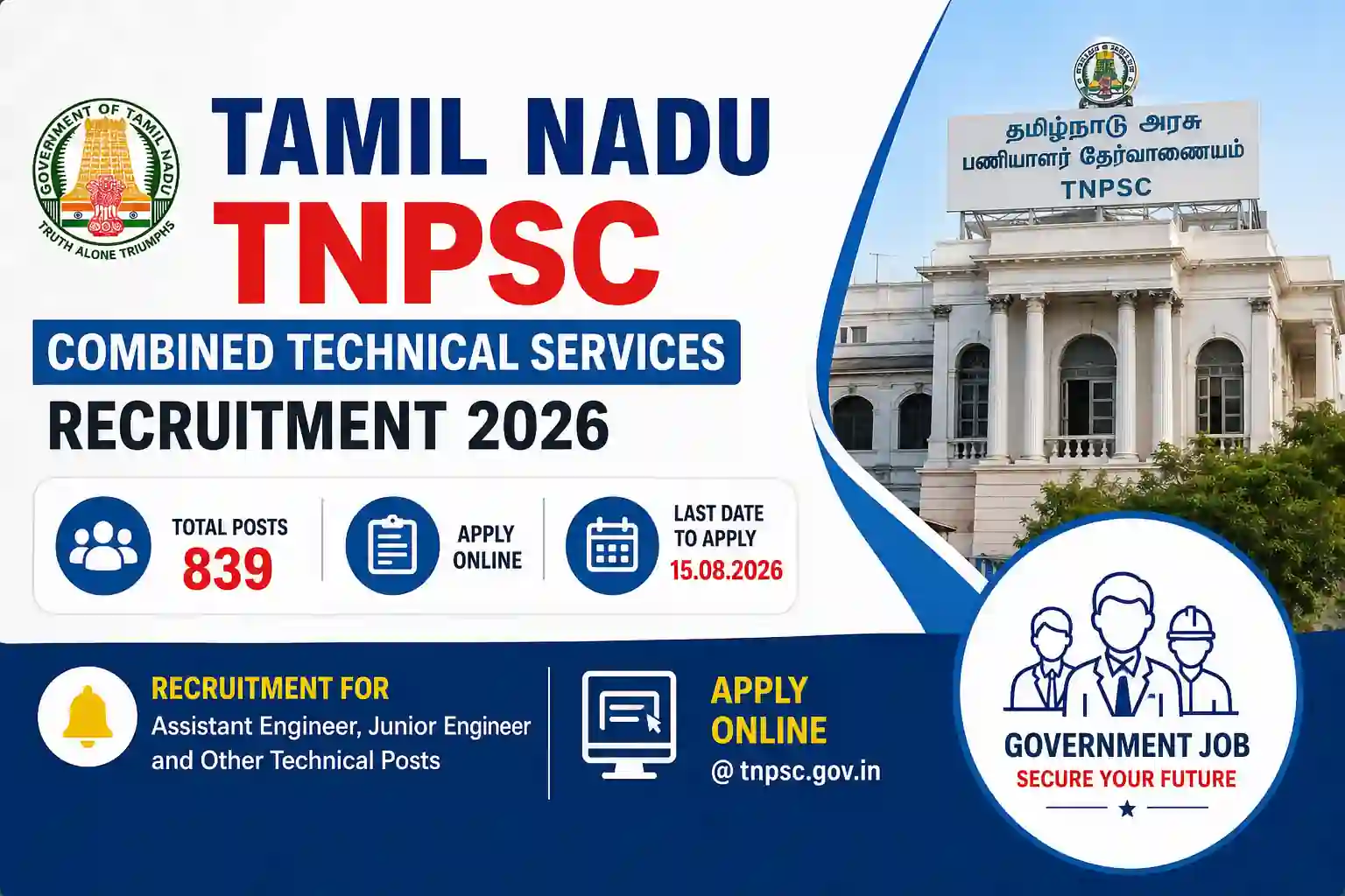 Tamil Nadu TNPSC Combined Technical Services Recruitment 2026 OUT For 839 Diploma & ITI Posts, Apply Online