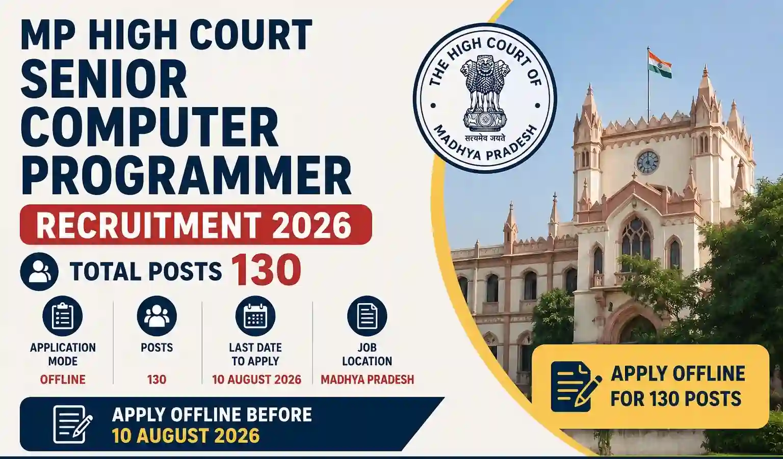 Madhya Pradesh MP High Court Senior Computer Programmer Recruitment 2026 Apply Offline for 130 Posts 