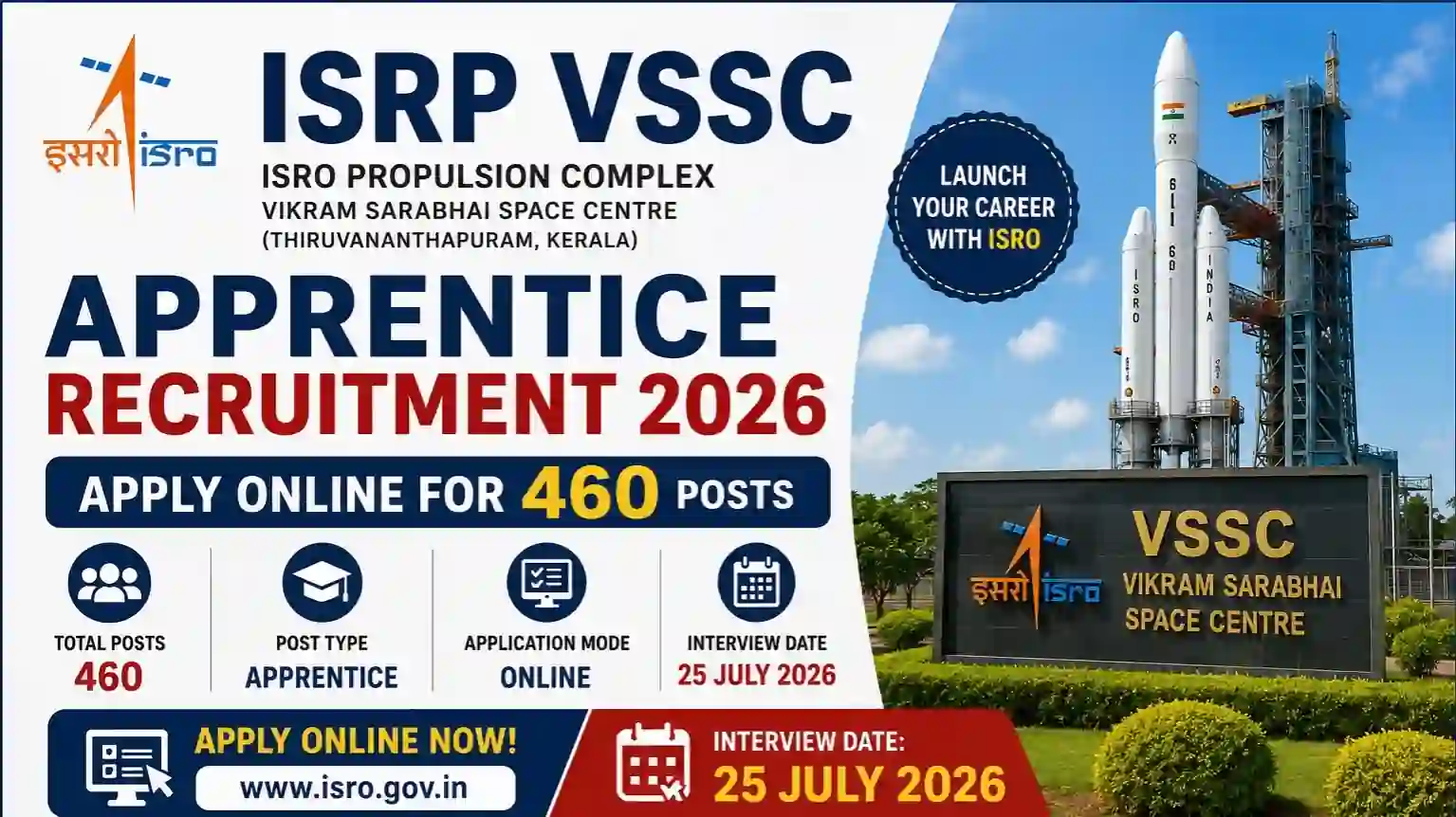 ISRP VSSC Apprentice Recruitment 2026 Notification Out for 460 Posts, Apply Online