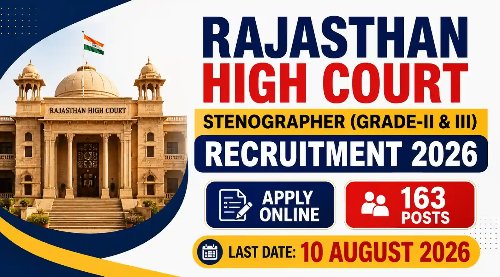 Rajasthan High Court Stenographer Recruitment 2026 Notification Released Grade II & III 163 Vacancies, Apply Online
