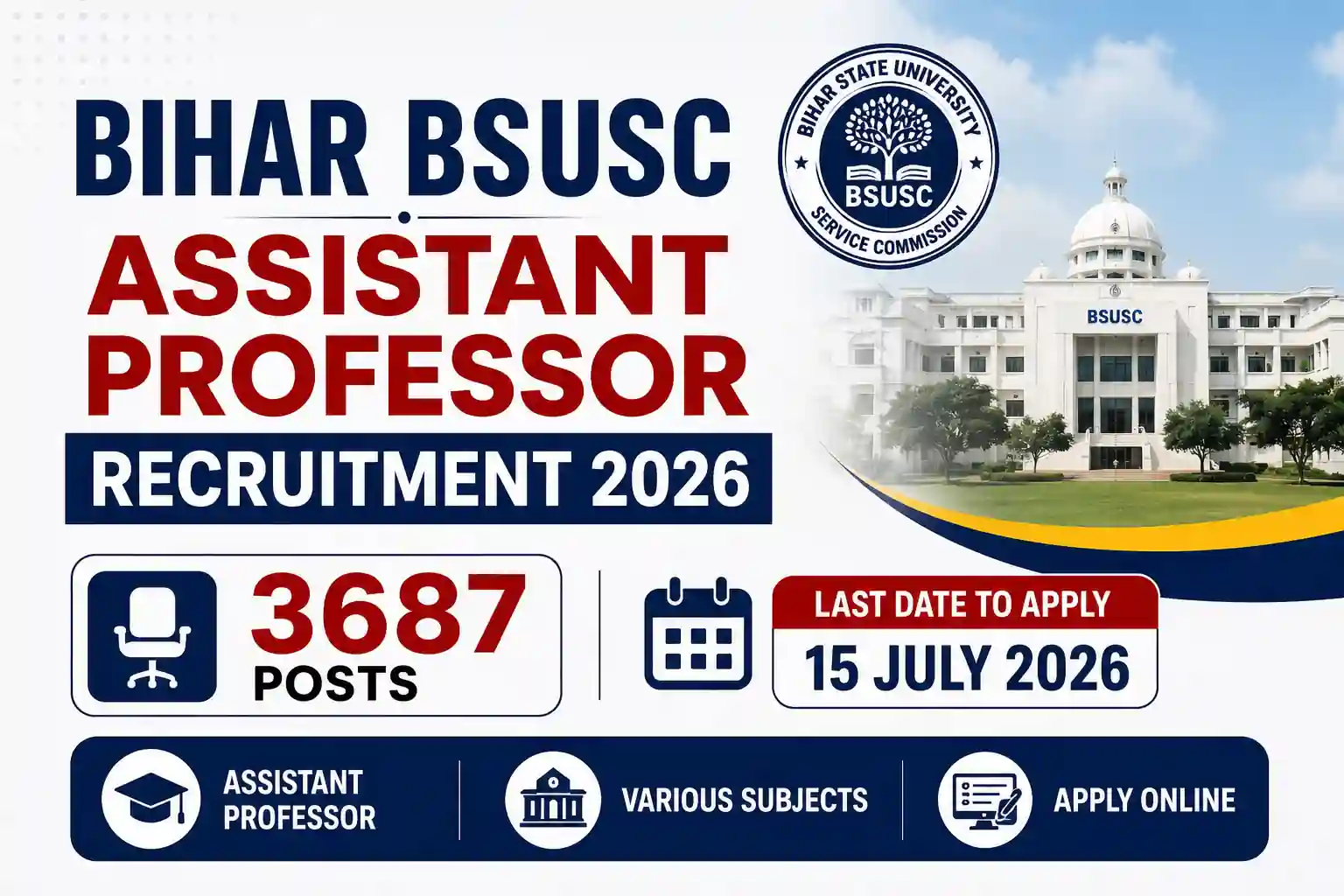 Bihar BSUSC Assistant Professor Recruitment 2026 Notification Out for 3687 Contractual Faculty Posts, Apply Online