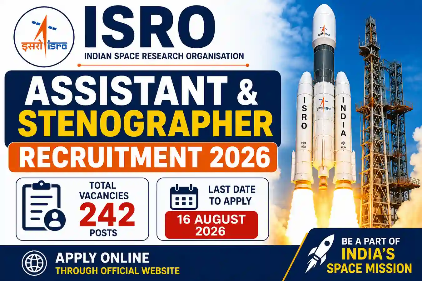 ISRO Assistant, Junior Personal Assistant Recruitment 2026 Notification Out Released for 242 Posts, Apply Online