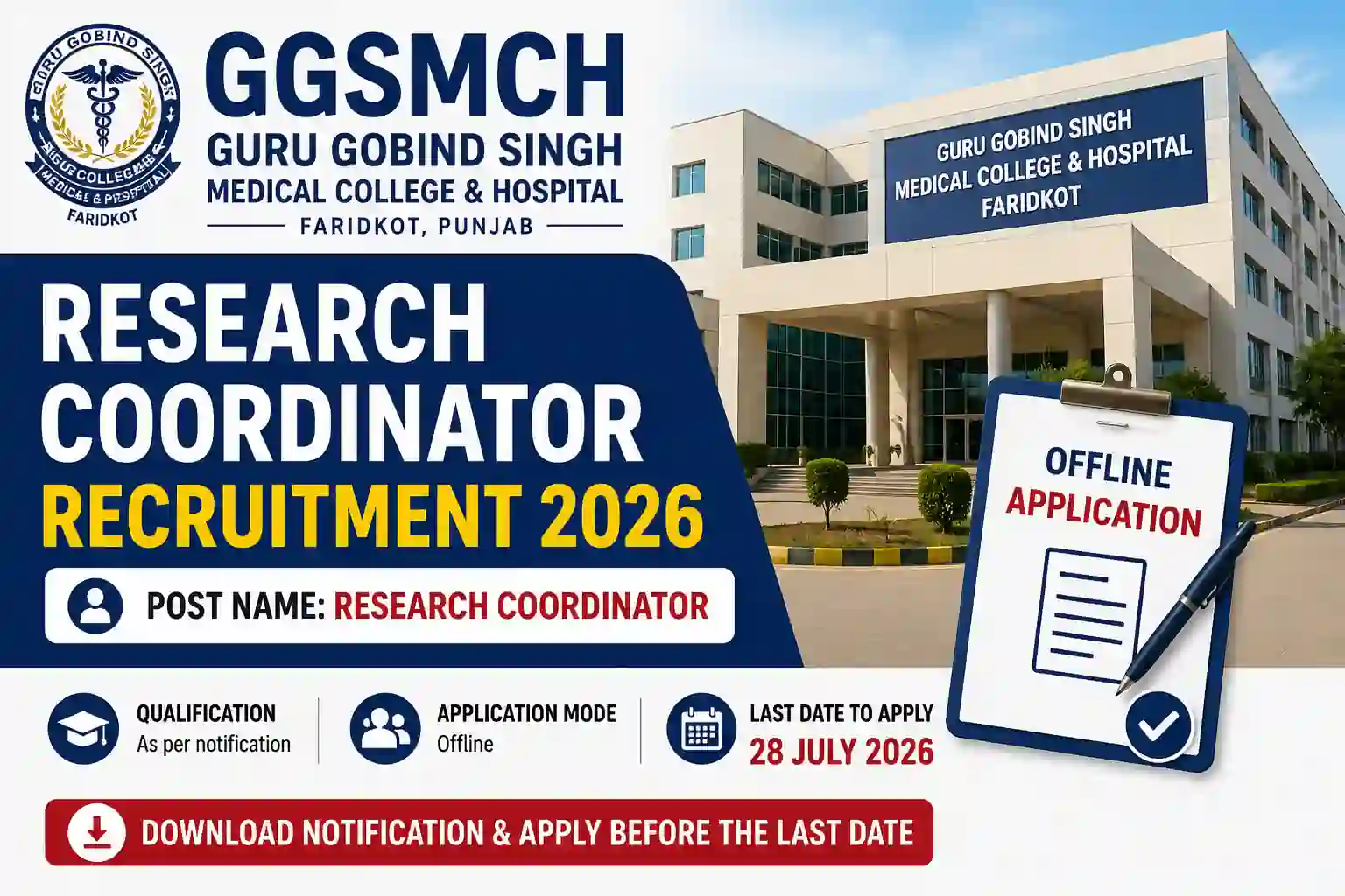 GGSMCH Research Coordinator Recruitment 2026 Notification Out, Apply Online 