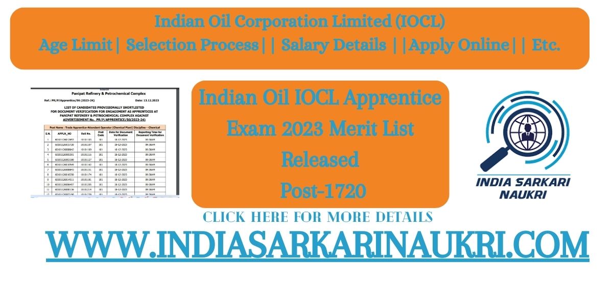 Indian Oil IOCL Trade Apprentice Recruitment 2023 ( Apply Technician1720 Post)
