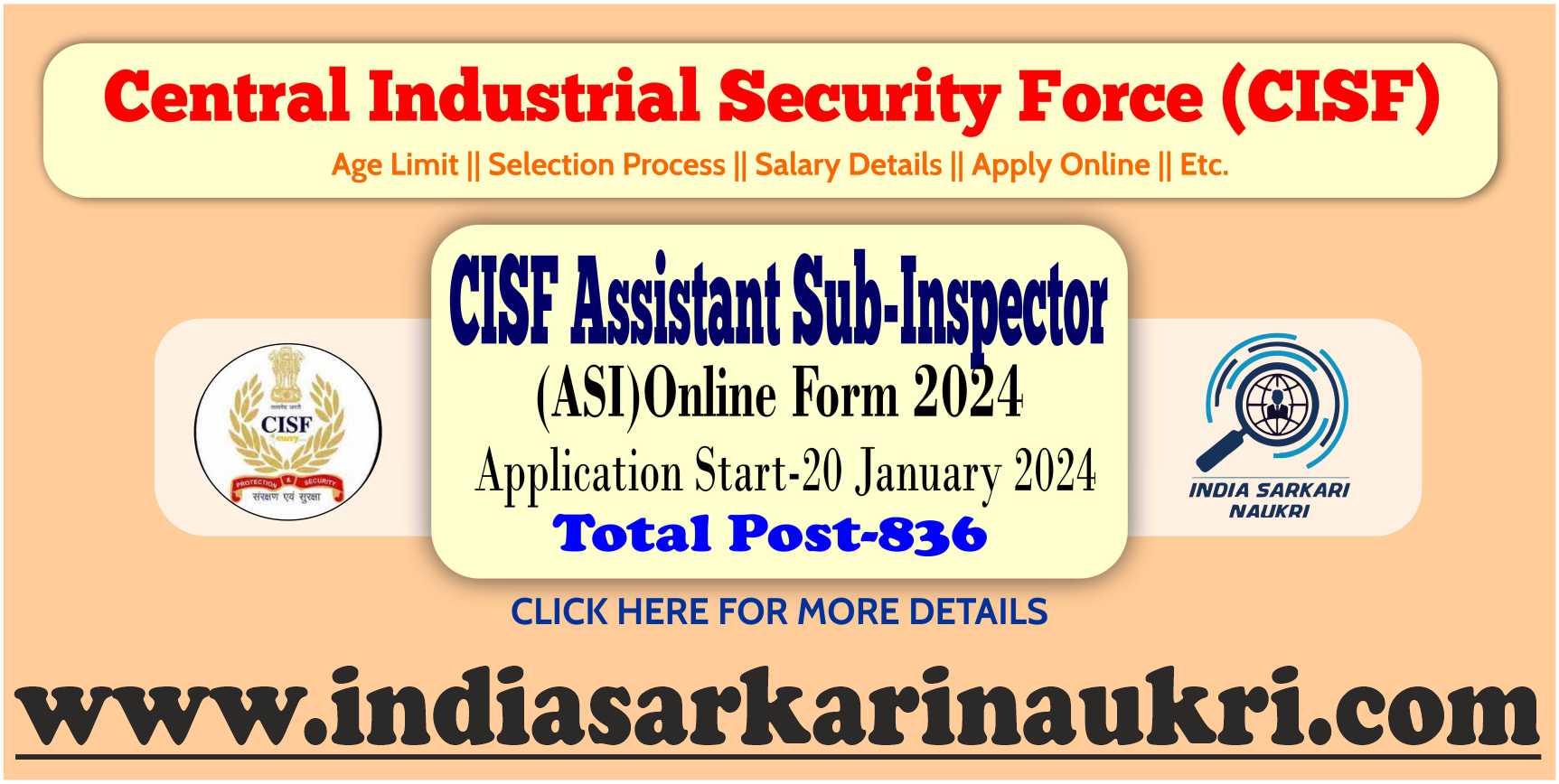 CISF ASI Recruitment Online Form 2024 Apply for (836 Post)-LDCE