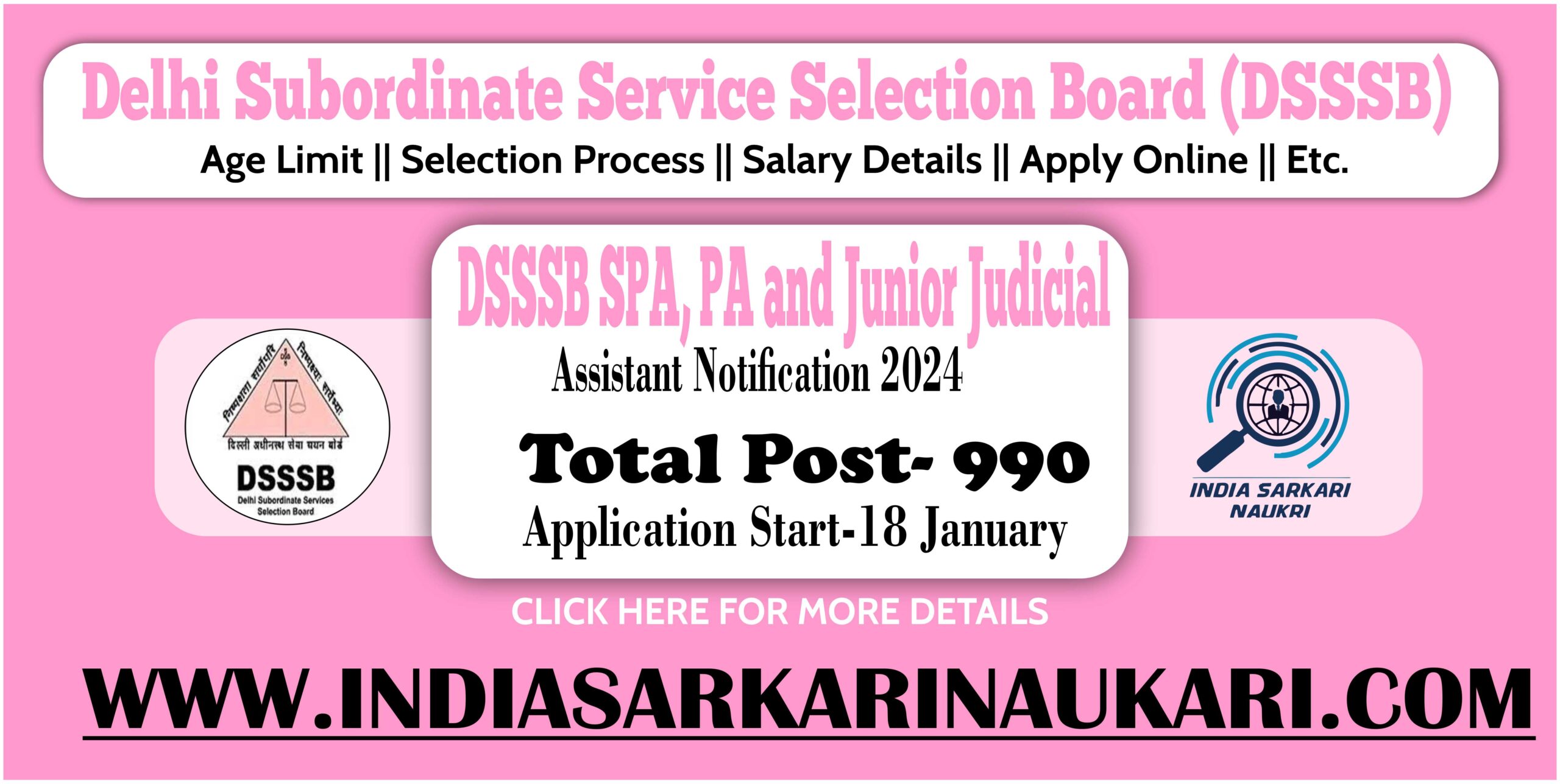 DSSSB SPA, PA and Junior Judicial Assistant Recruitment Notification 2024 for [990 Post]