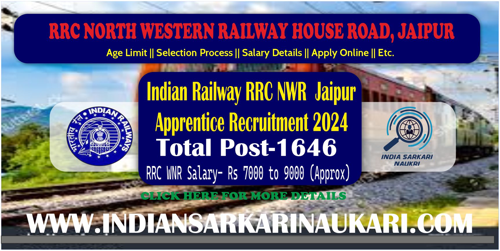 Indian Railway RRC NWR  Jaipur Apprentice Recruitment Notification 2024 Apply for [ 1646 Post ]