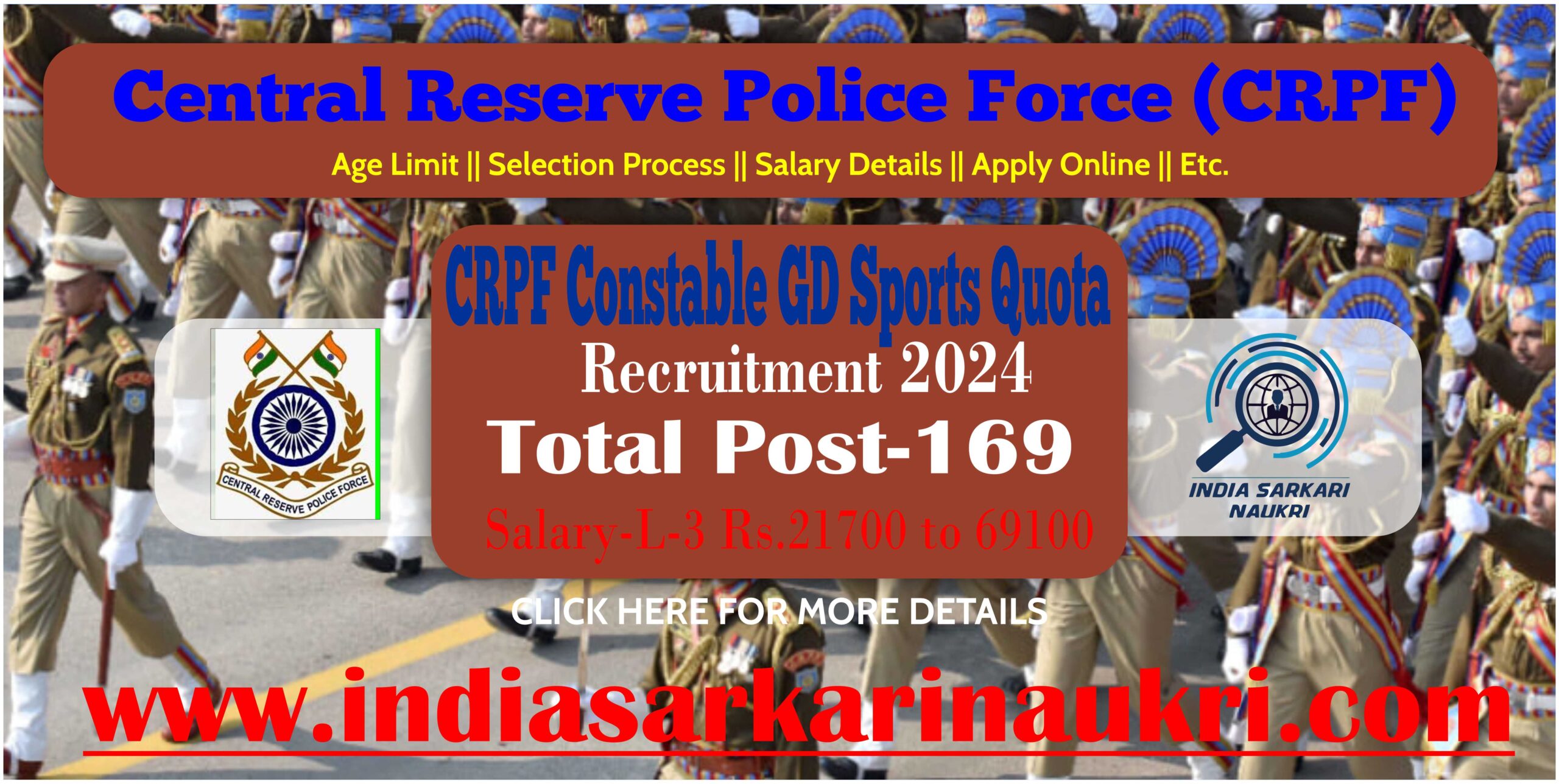 CRPF Constable GD Sports Quota Recruitment 2024 for 169 Posts-(General Duty)