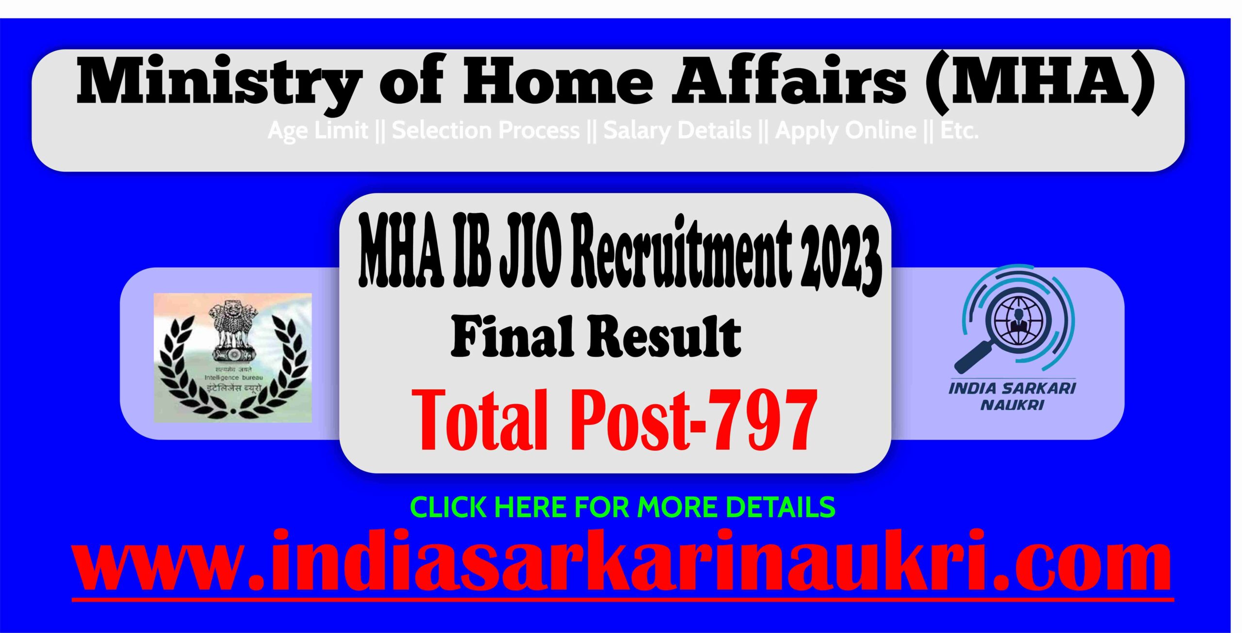 MHA IB JIO Recruitment 2023 Final Result Declared for 947 Posts