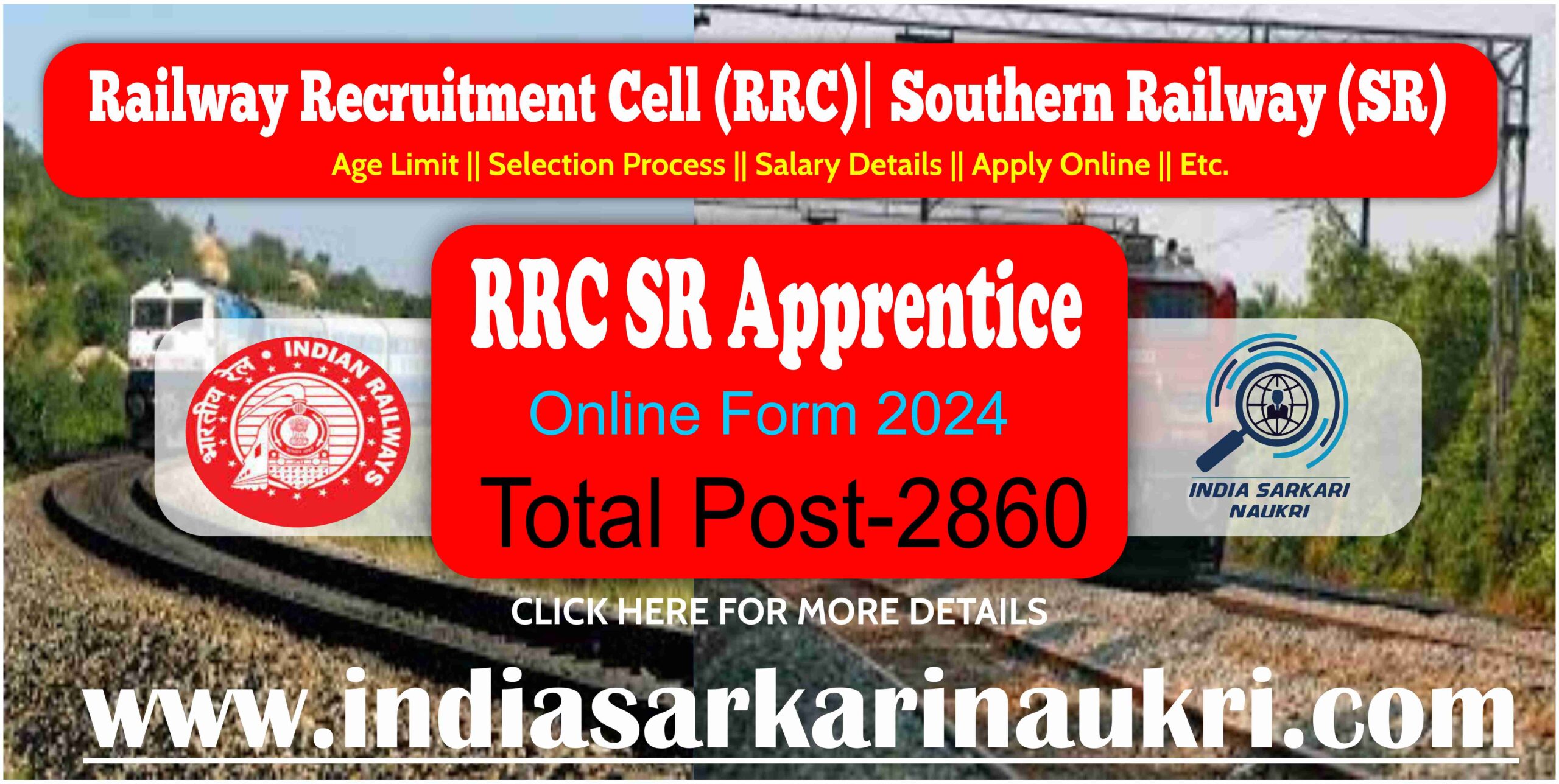Indian Railway RRC SR Apprentice Recruitment Naukri 2024 Apply Online for 2860 Posts