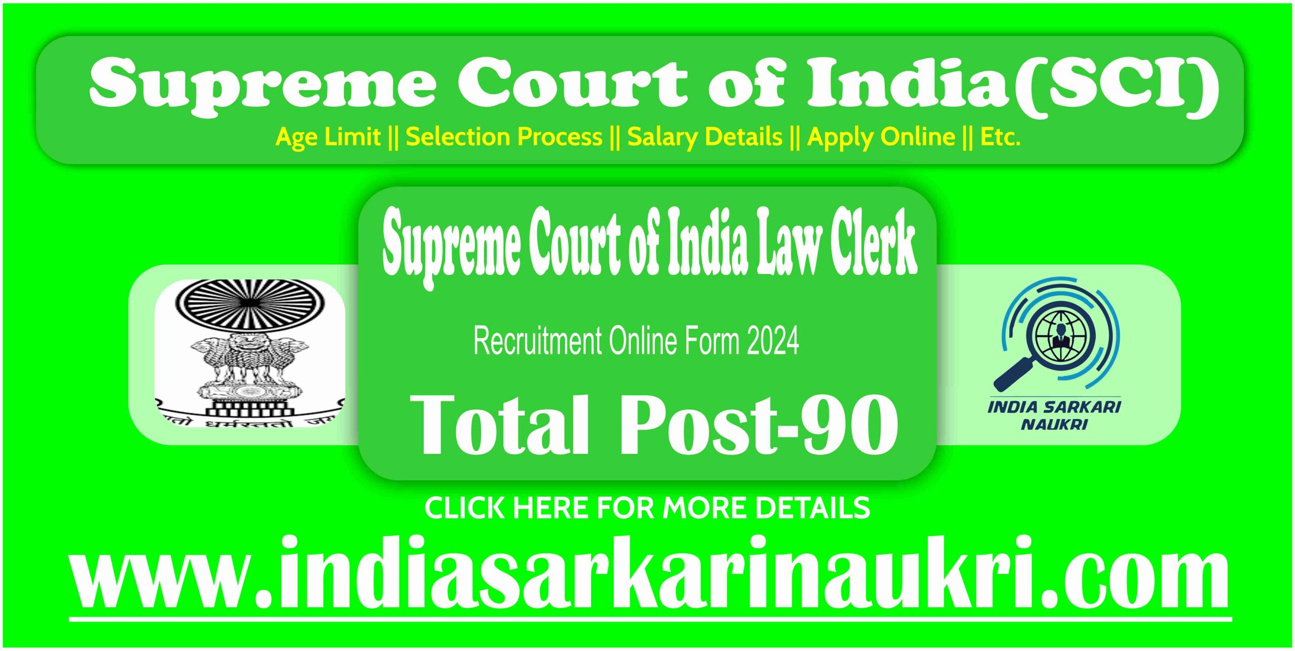 SCI Law Clerk Recruitment Naukri 2024 Apply Online for 90 Posts