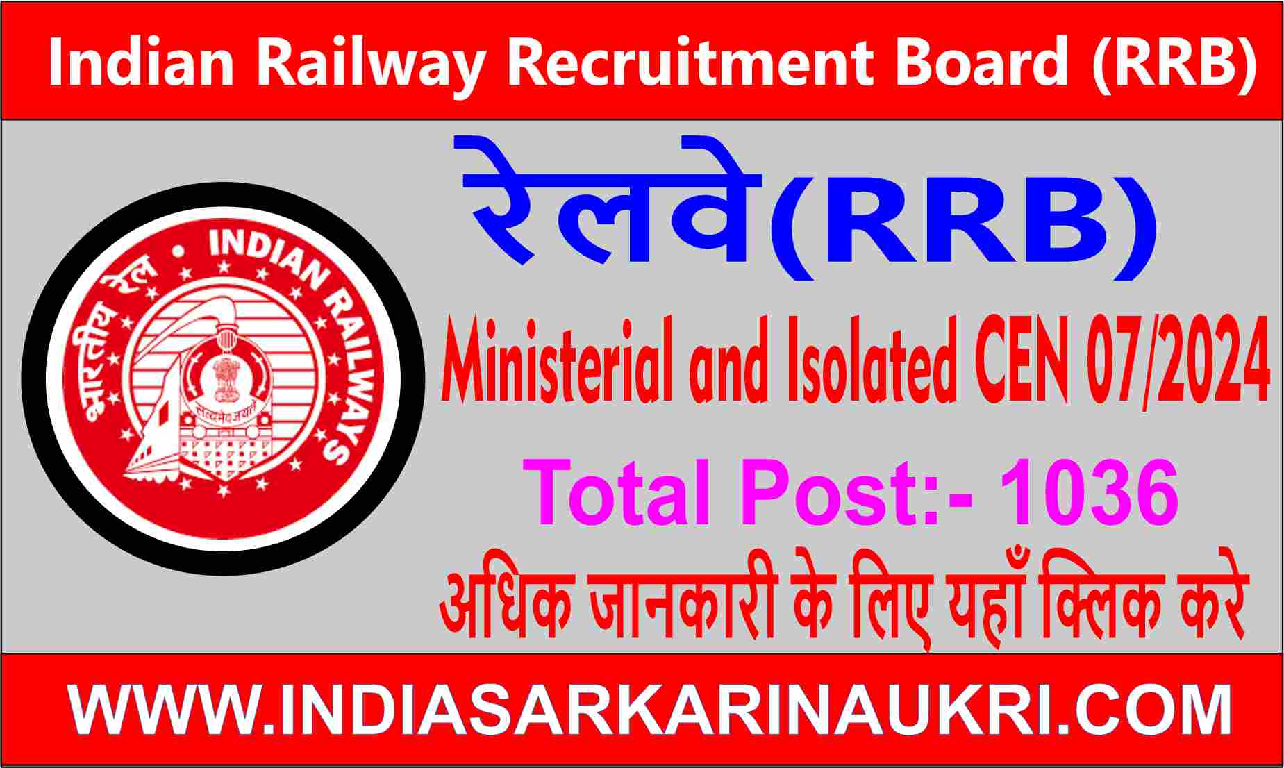 RRB Ministerial and Isolated Categories Vacancy 2024 Apply for 1036 Posts